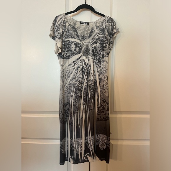 Vtg Y2K Boho Apt.9 Midi Stretch Dress Gray White Pattern Dye Print Scoop Neck MD - Picture 14 of 15